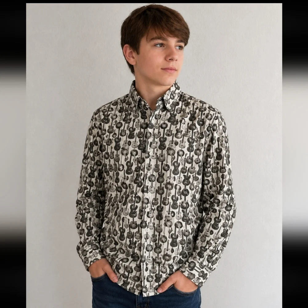 AGE OF WISDOM Guitar Print Button Down Dress Shirt 12-14 Boys
